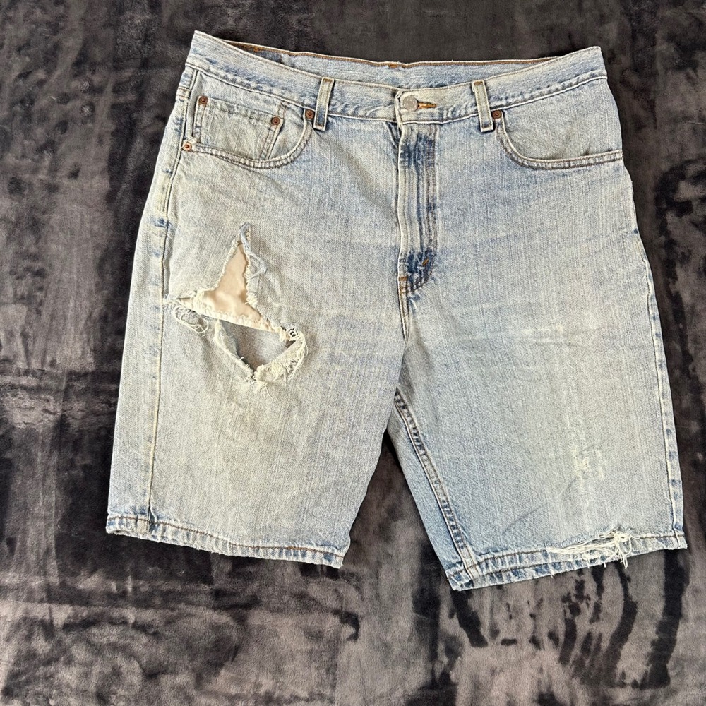 Levi's 505 Denim Shorts Mens W36 Light Blue Distressed Regular Fit